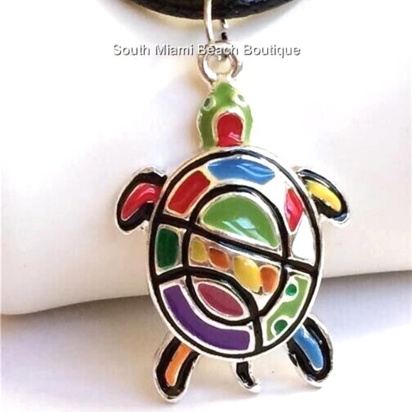 Sea Turtle Necklace Silver Plated Pop Art Multicolor Enamel Nautical Island 18" - Picture 9 of 11